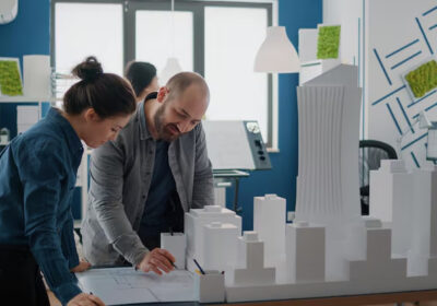 Team of colleagues using building model for inspiration to design construction layout. Man and woman working with maquette to plan blueprints and urban structure. Architectural project