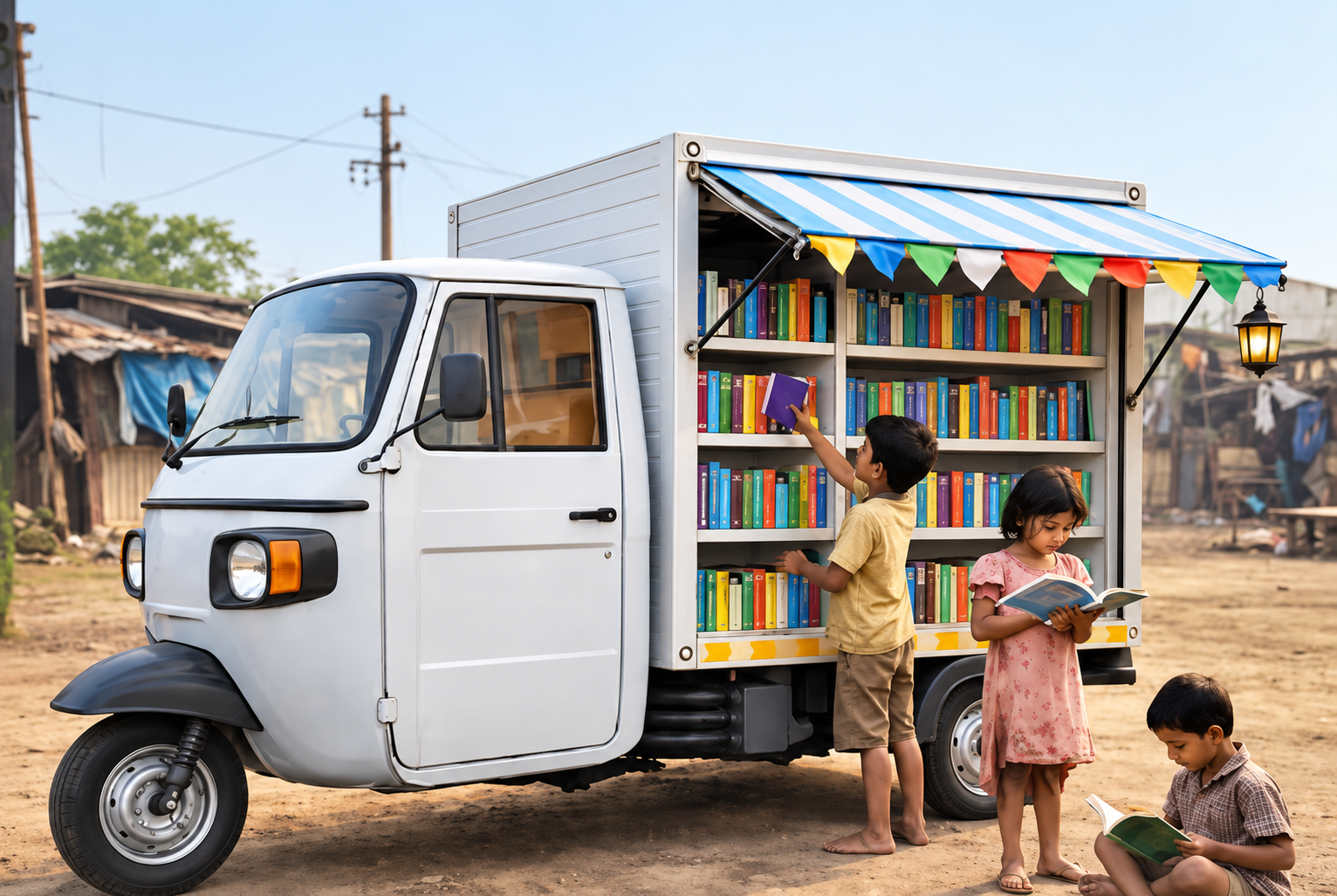 The Gyan Gaadi mobile library vehicle with children reading books beside it in a village setting